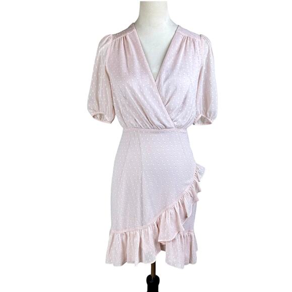 Express NWT Blush Pink Swiss Dot Puff Sleeve Asymmetrical Ruffle Mini Dress - Picture 1 of 12